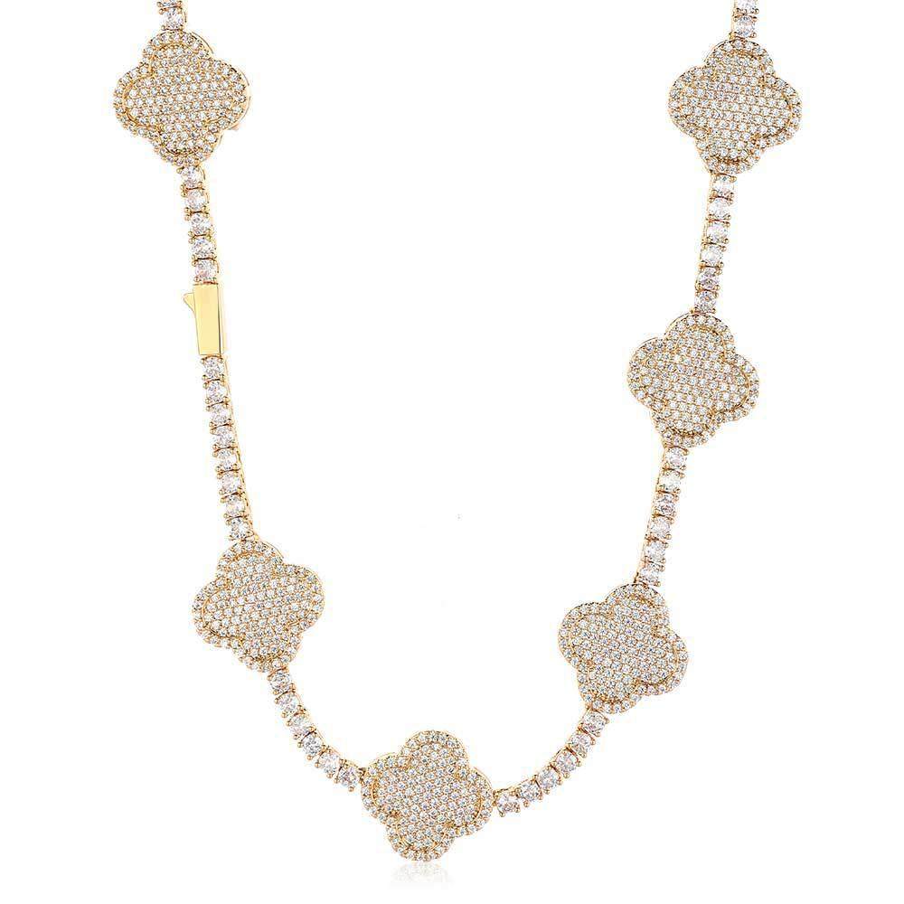 Men's Spring Clasp Clover Tennis Chain | 5mm Iced Out Zircon Necklace | Premium Gold Chain Rapper Style | Caratix - CaratixJewelry