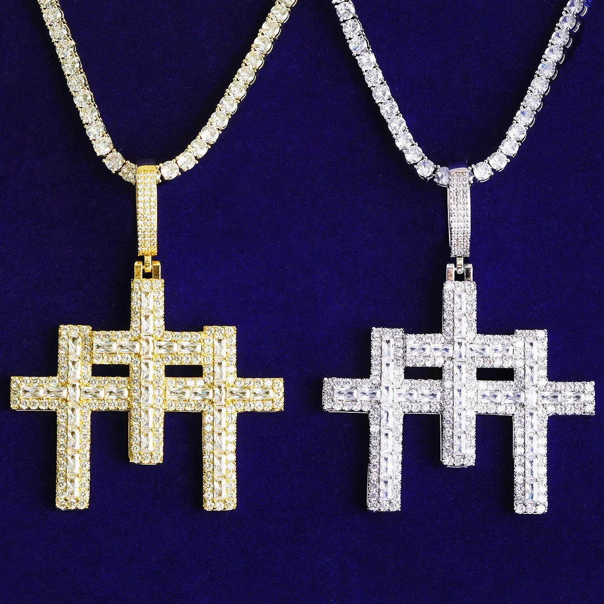 Iced Out 3-in-1 Triple Cross Pendant | Men's Super Combo Stacked Necklace - CaratixJewelry