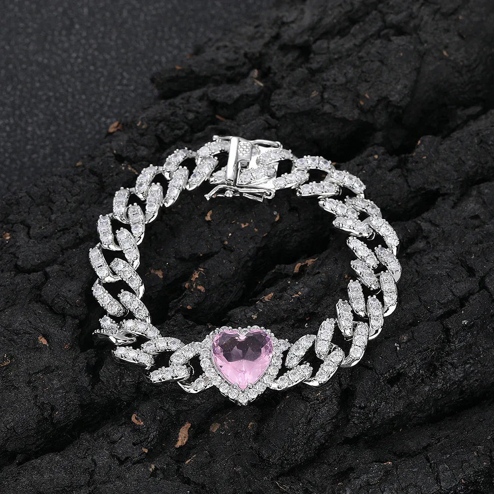 10mm Pink Zircon Heart Cuban Link Bracelet - CaratixJewelry