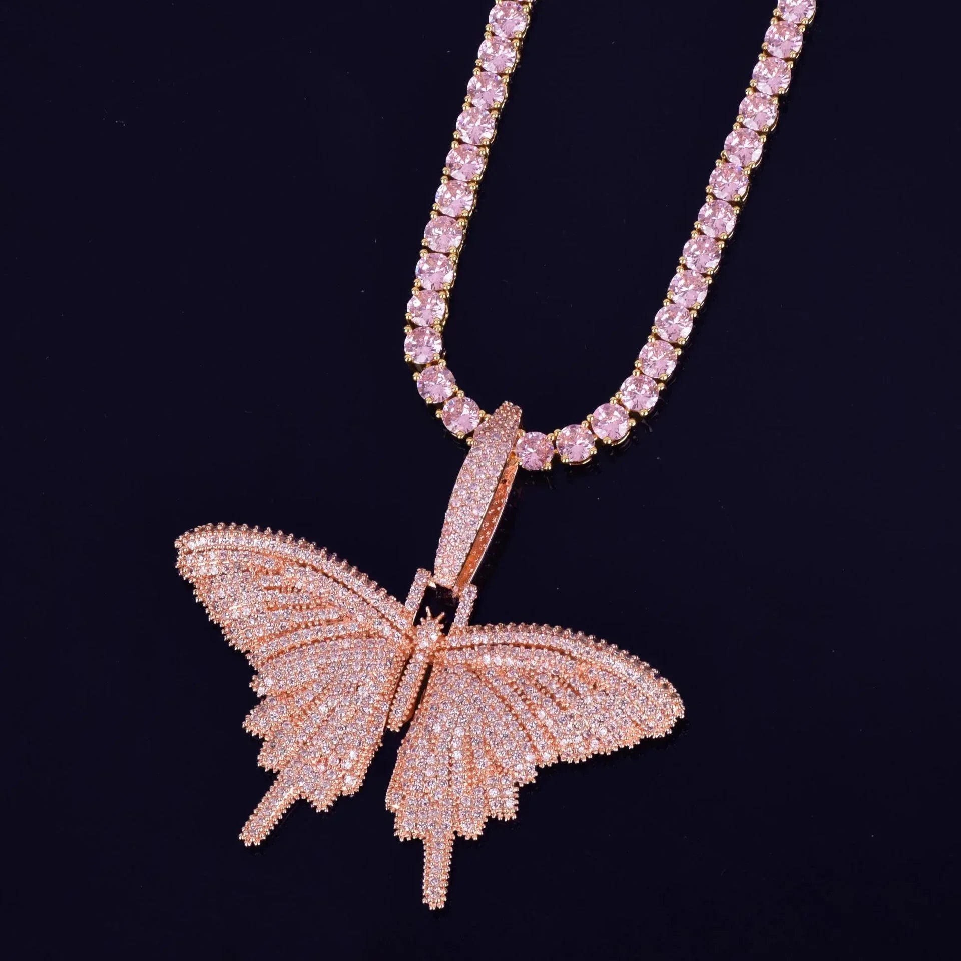 Vibrant Pink Iced Out Butterfly Pendant | Unisex Hip Hop Rock Necklace | Premium Copper Pink Zircon Jewelry | Y2K Streetwear Bling | Caratix - CaratixJewelry