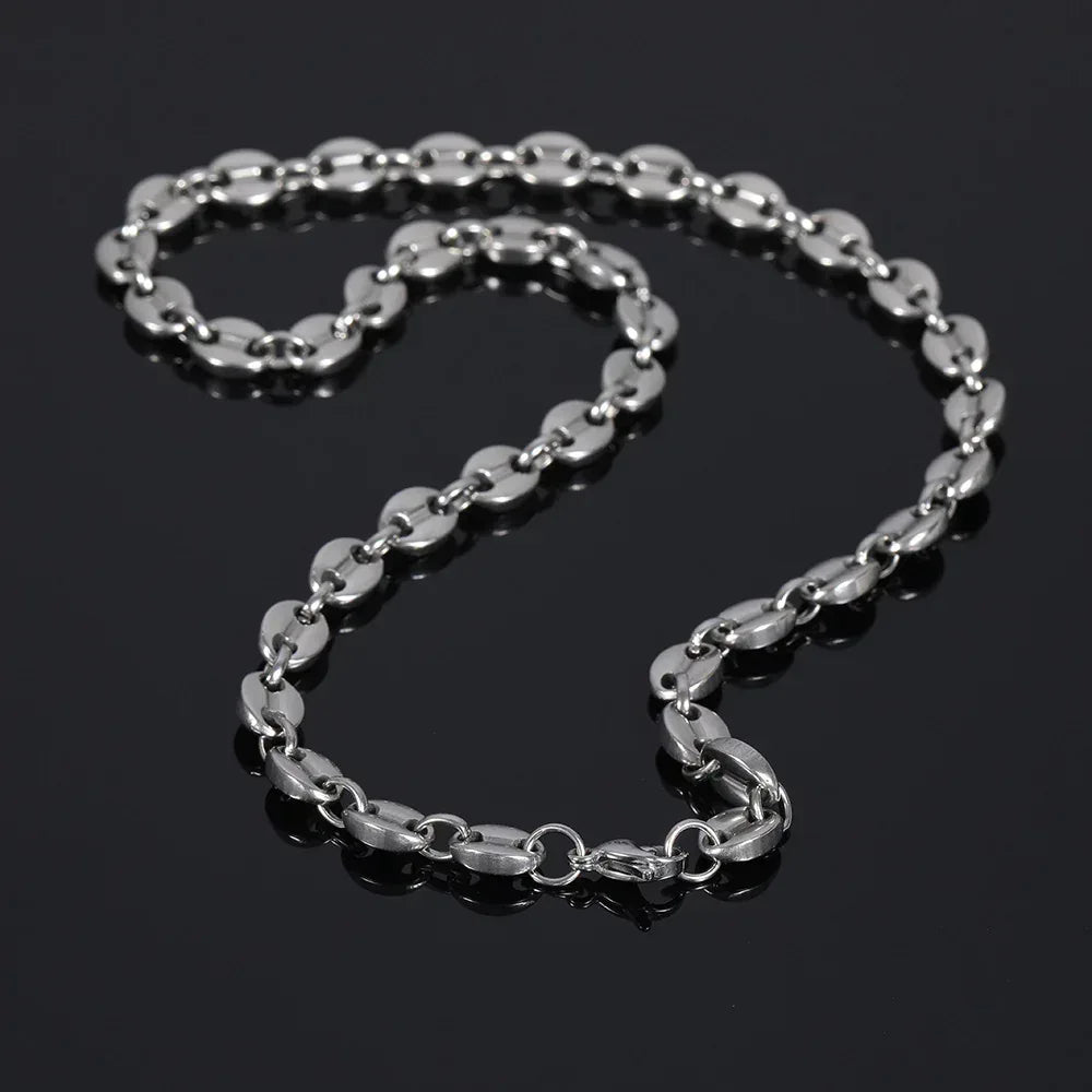 8mm Coffee Bean Necklace with Lobster Clasp Stainless Steel Pig Nose Chain for Men | Caratix Jewelry - CaratixJewelry