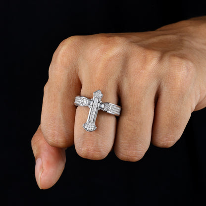 Ice-Block Baguette Moissanite Cross Ring Silver | Caratix