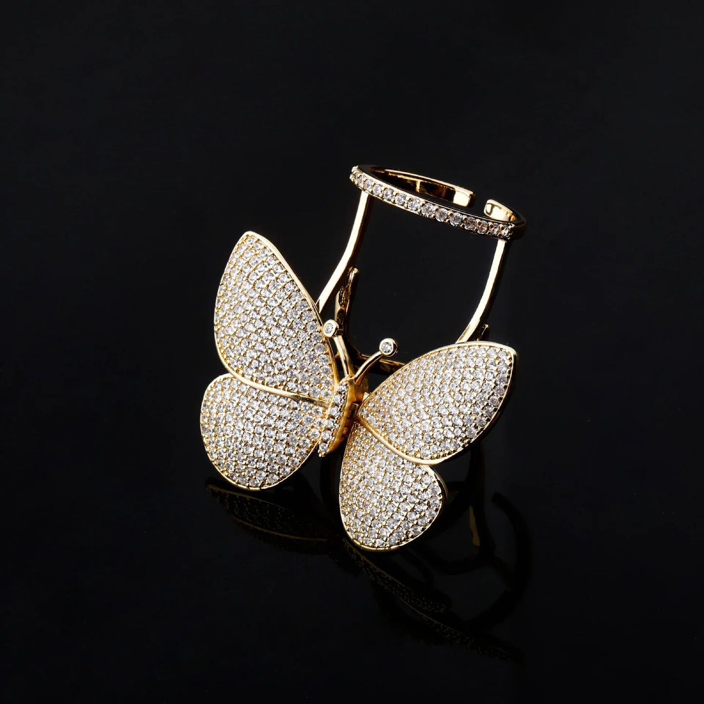 Women's Iced Out Butterfly Open Ring | Adjustable Wing Motif Band | Caratix