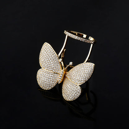 Women's Iced Out Butterfly Open Ring | Adjustable Wing Motif Band | Caratix