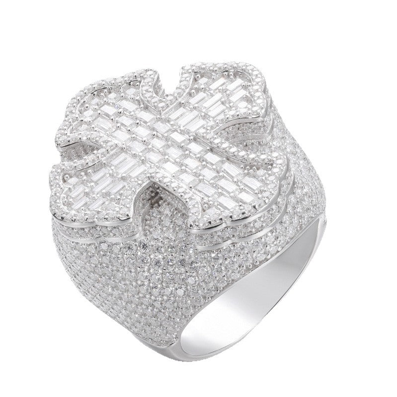 Baguette Moissanite Cross Men's Ring 925 Silver | Caratix