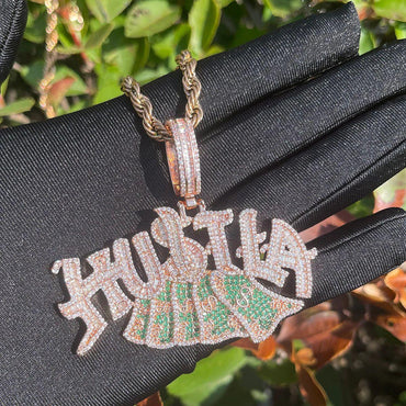 Iced Out "Hustle" Dollar Sign Pendant | Men's Real Copper CZ Necklace - CaratixJewelry