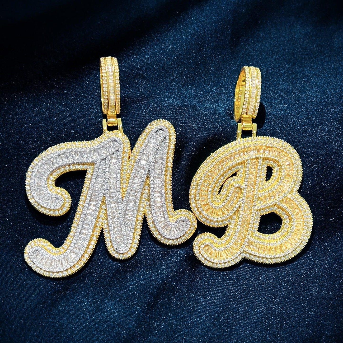 Baguette Script Letter Pendant | CZ Iced Out Hip Hop Unisex Streetwear Necklace - CaratixJewelry