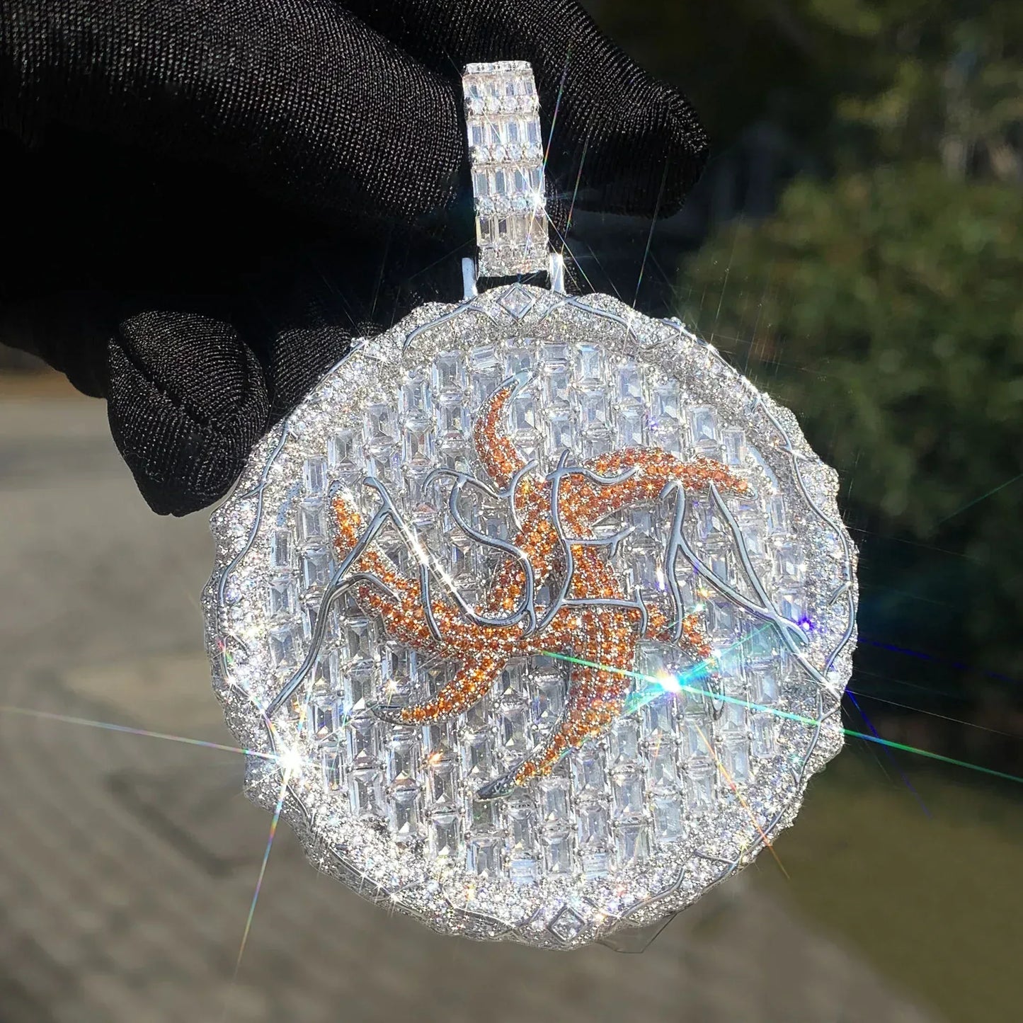 Iced Out Thorn Round Disc Pendant Necklace – Hip Hop Colorful CZ Trendy Jewelry - CaratixJewelry