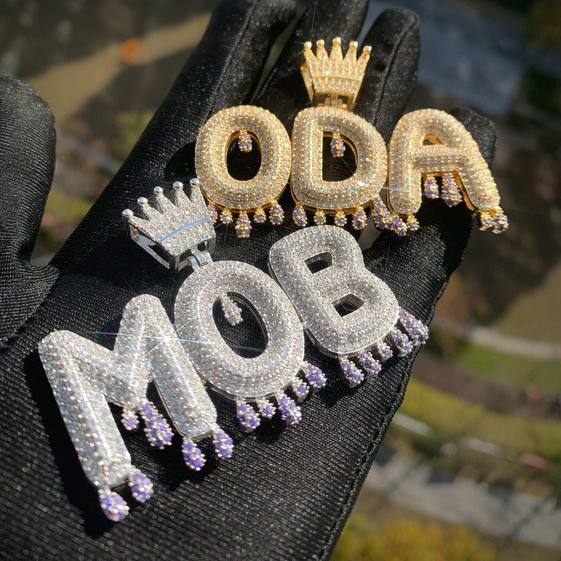 Crown & Teardrop Letter Pendant | Iced Out CZ Hip Hop DIY Custom Men’s Necklace - CaratixJewelry