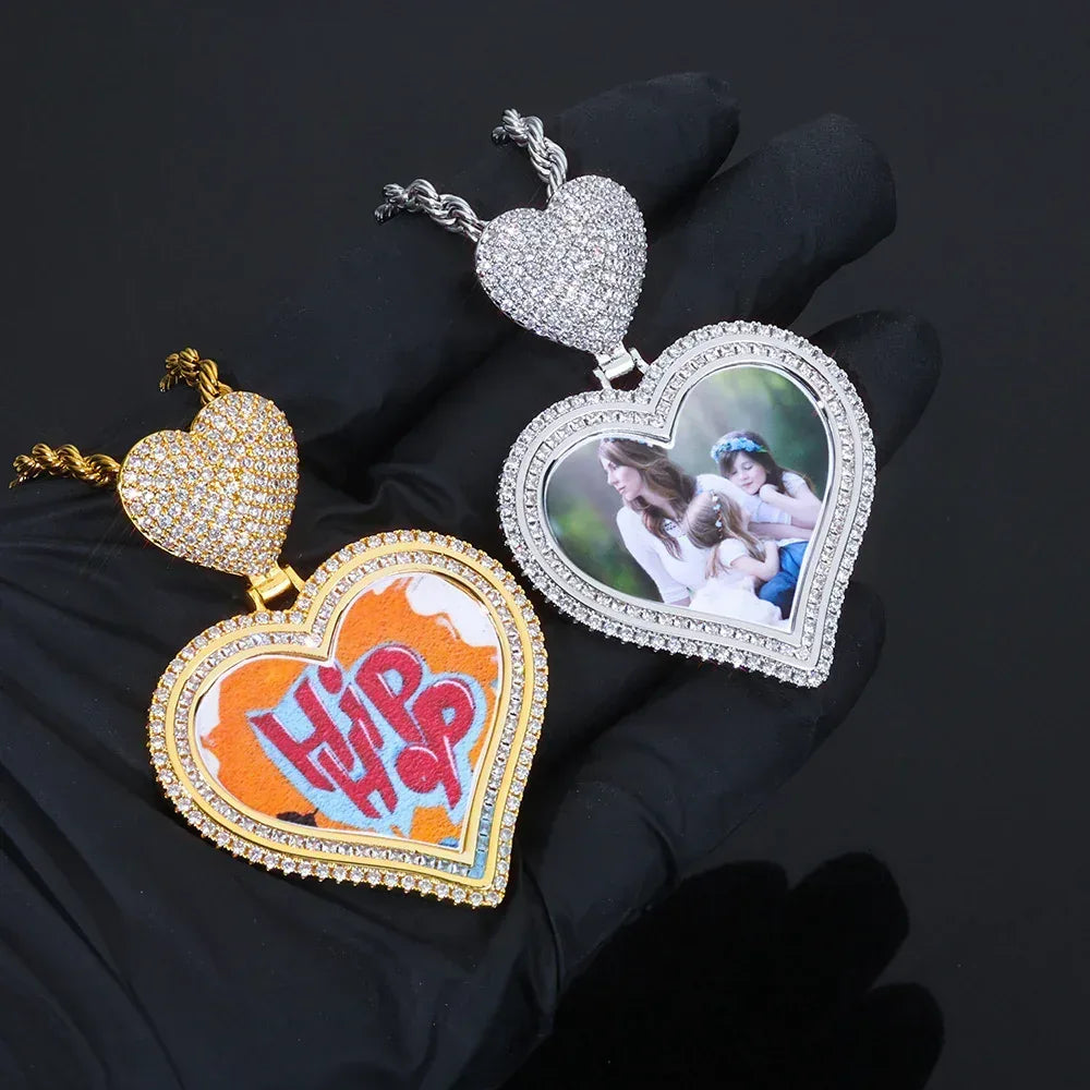 Custom Heart Photo Pendant Necklace with Zircon Stones for Men | Caratix Jewelry - CaratixJewelry