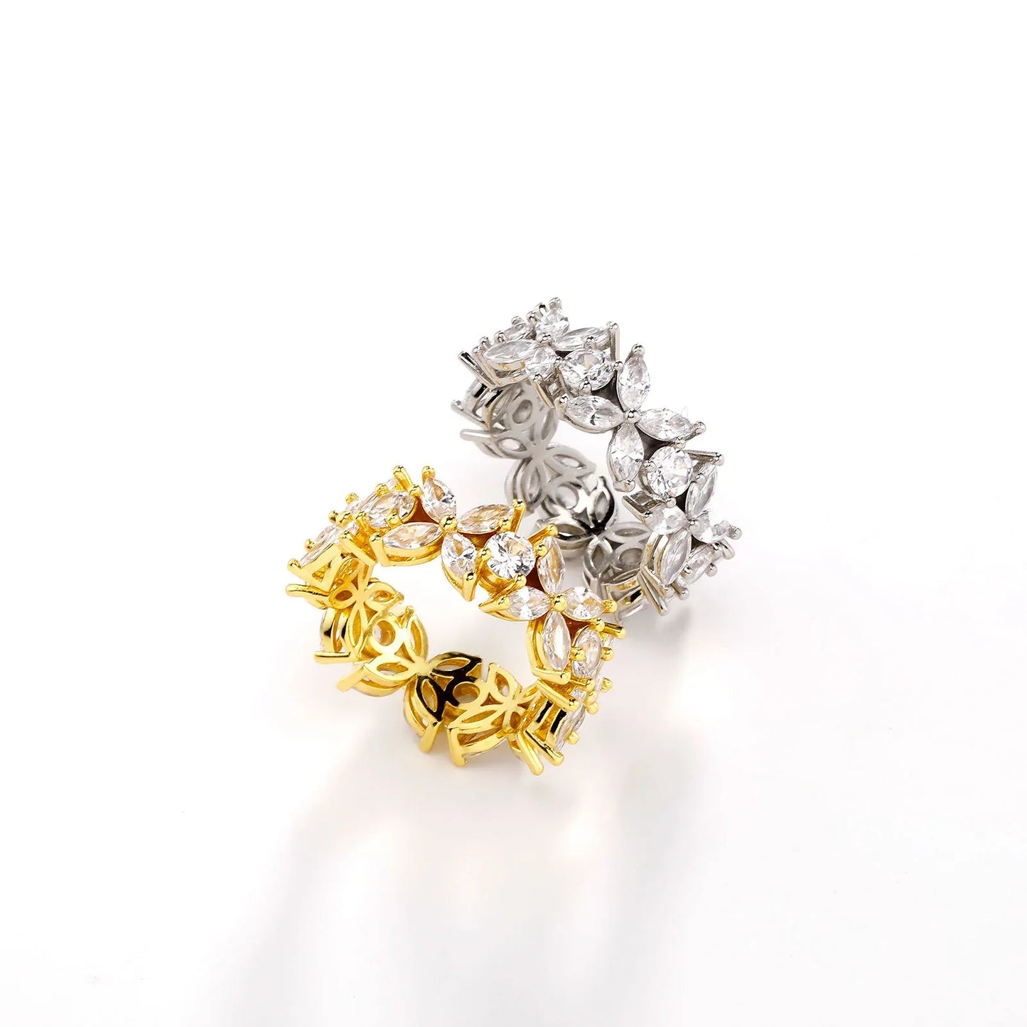 Women's Four-Leaf Clover Ring | Delicate Flower Motif Pave Band | Caratix
