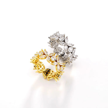 Women's Four-Leaf Clover Ring | Delicate Flower Motif Pave Band | Caratix