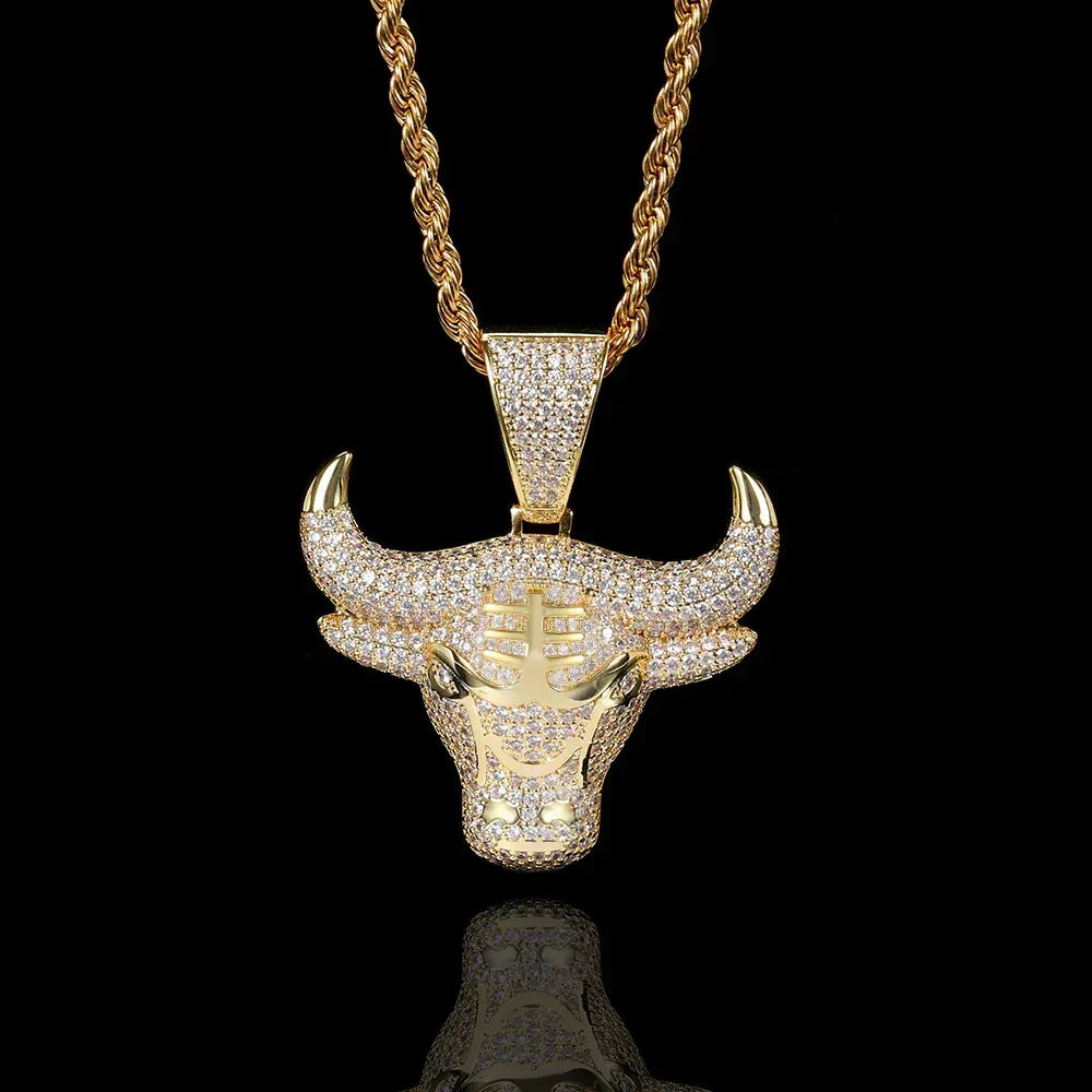 Bull Head Pendant Necklace with Copper Frame and Zircon Stones for Men | Caratix Jewelry - CaratixJewelry