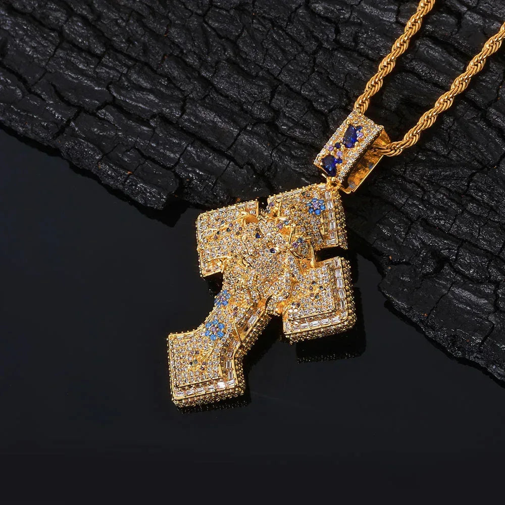 Custom Pendant Necklace with Portrait & Blue Flower Cross | Iced-Out Art Jewelry | Caratix - CaratixJewelry