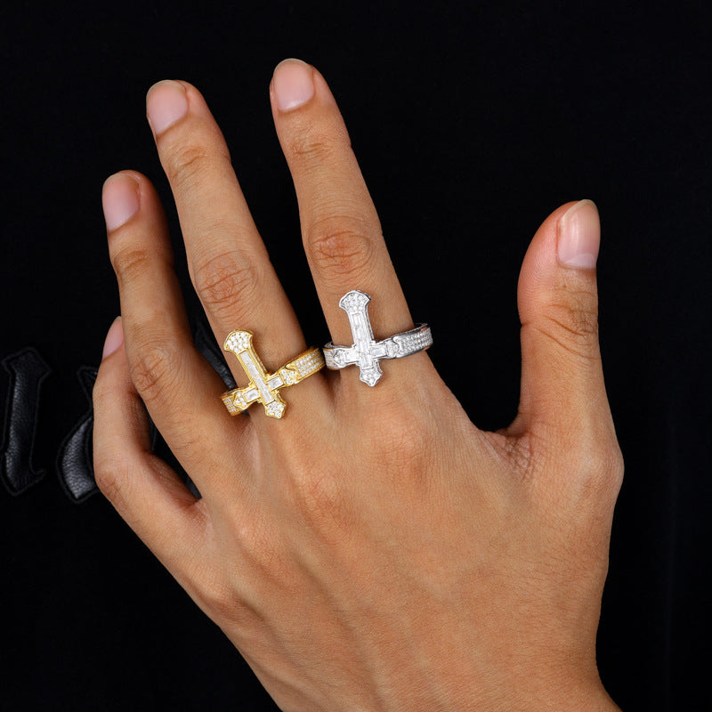 Ice-Block Baguette Moissanite Cross Ring Silver | Caratix