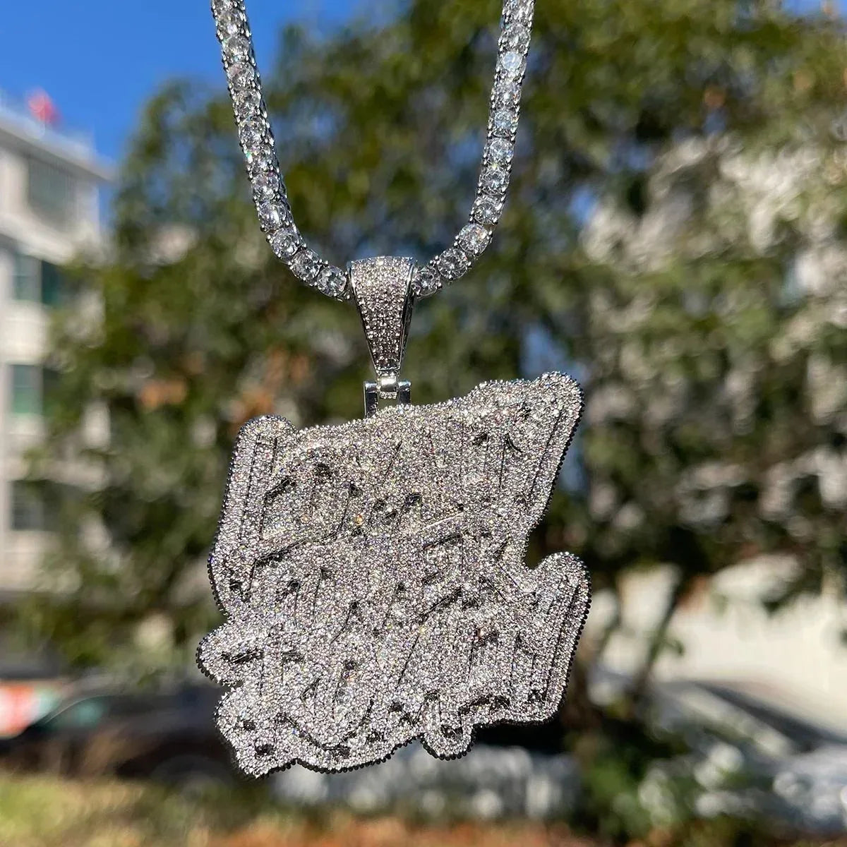 Loyalty over Royalty Iced Out Pendant for Men & Women | Hip Hop Script Lettering Necklace | Premium Copper CZ Jewelry | Unisex Bling | Caratix - CaratixJewelry