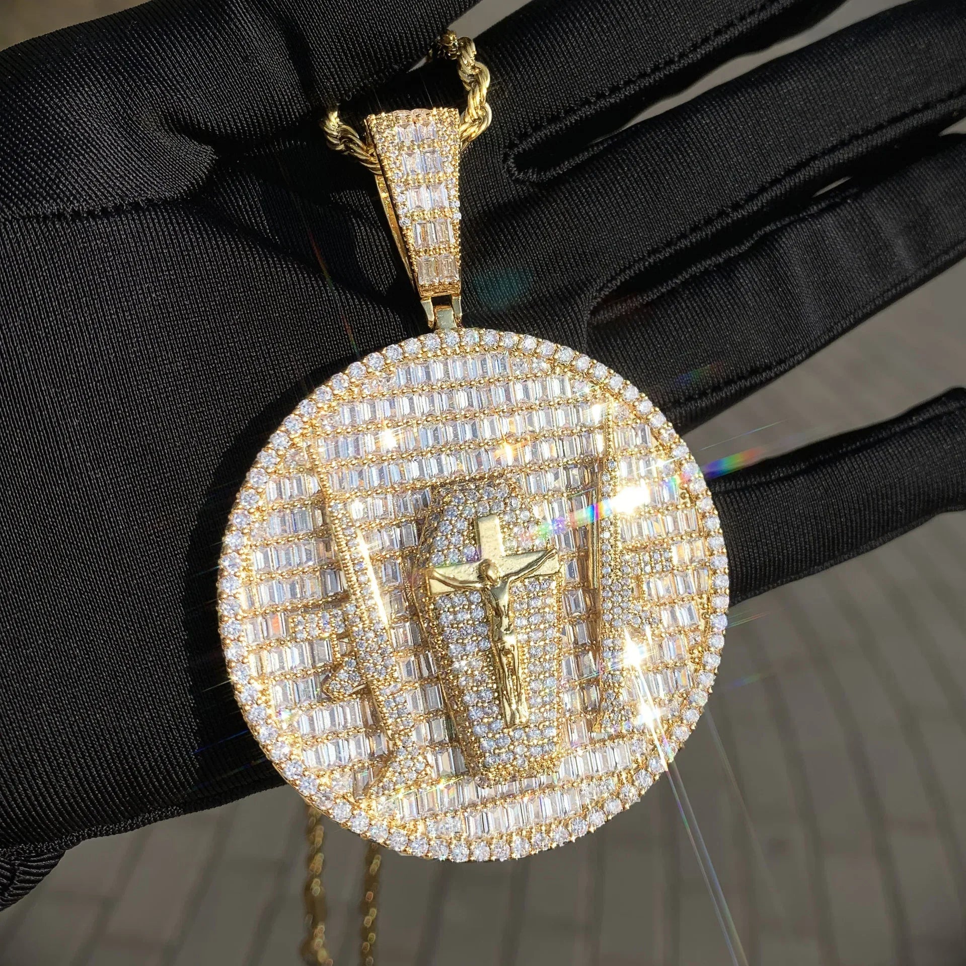 Iced Out Double Gun Cross Round Pendant Necklace – Hip Hop Step-Cut CZ Copper Jewelry - CaratixJewelry