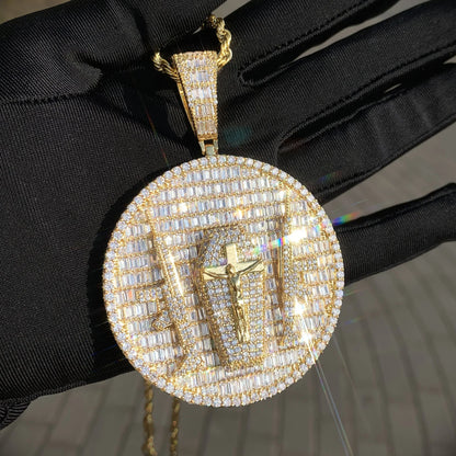 Iced Out Double Gun Cross Round Pendant Necklace – Hip Hop Step-Cut CZ Copper Jewelry - CaratixJewelry