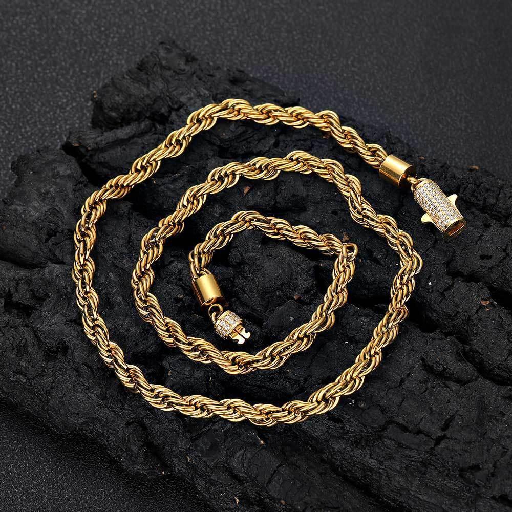 6mm Twist Rope Chain Stainless Steel Necklace with Zircon Clasp Hip Hop Jewelry for Men | Caratix Jewelry - CaratixJewelry
