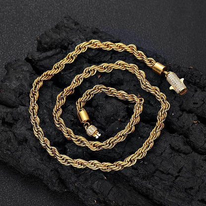 6mm Twist Rope Chain Stainless Steel Necklace with Zircon Clasp Hip Hop Jewelry for Men | Caratix Jewelry - CaratixJewelry