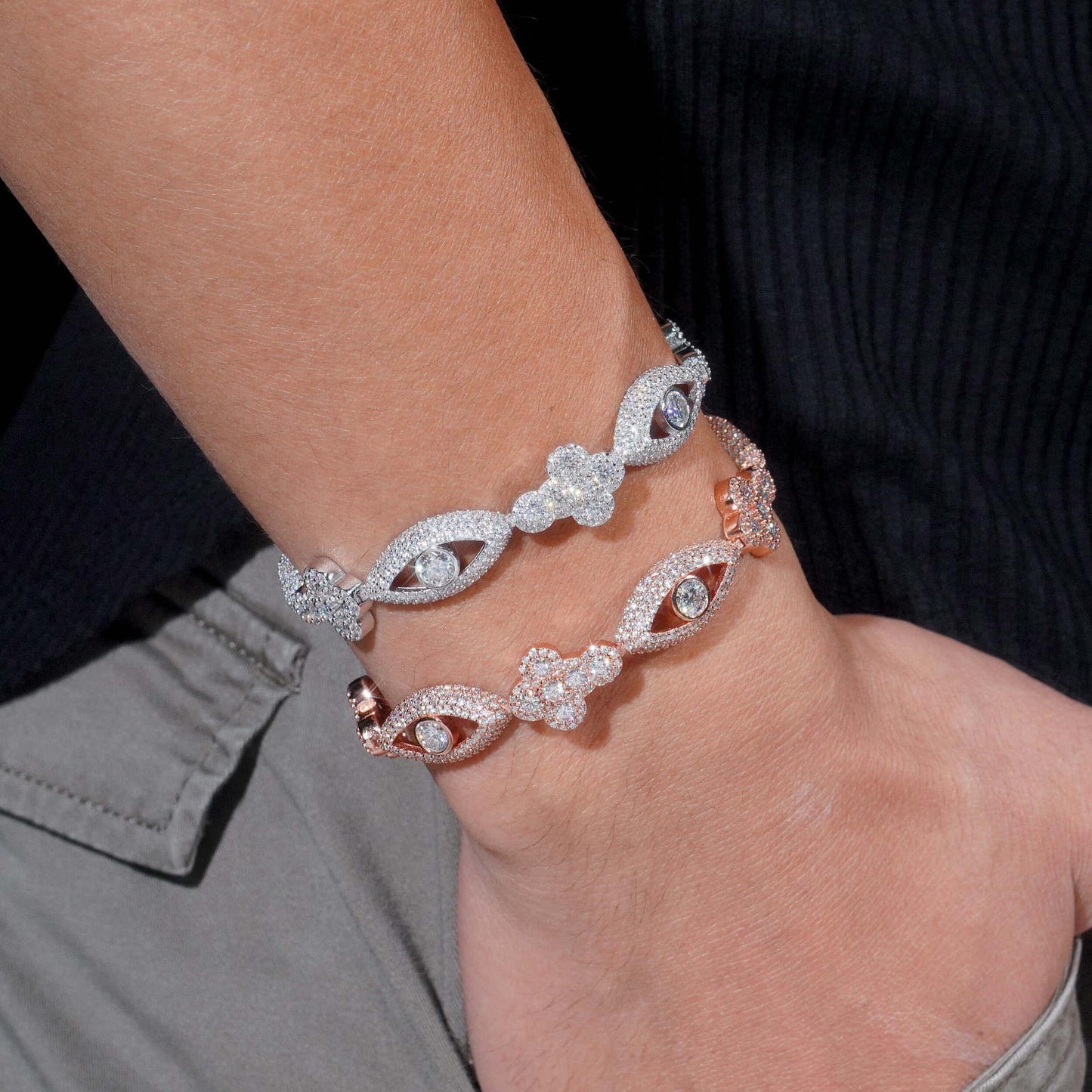 Moissanite Eye & Cross Cuban Link Bracelet – S925 Sterling Silver Iced-Out Hip Hop Streetwear Jewelry - CaratixJewelry