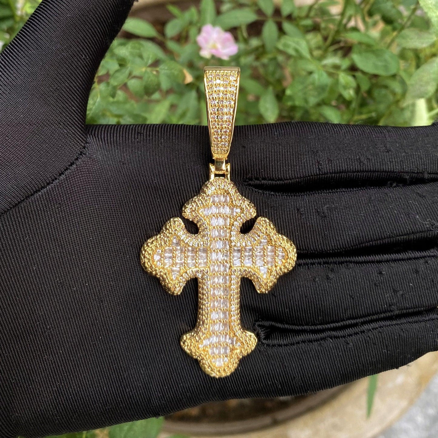 Iced Out Baguette Cross Pendant | Men's Real Copper CZ Necklace - CaratixJewelry