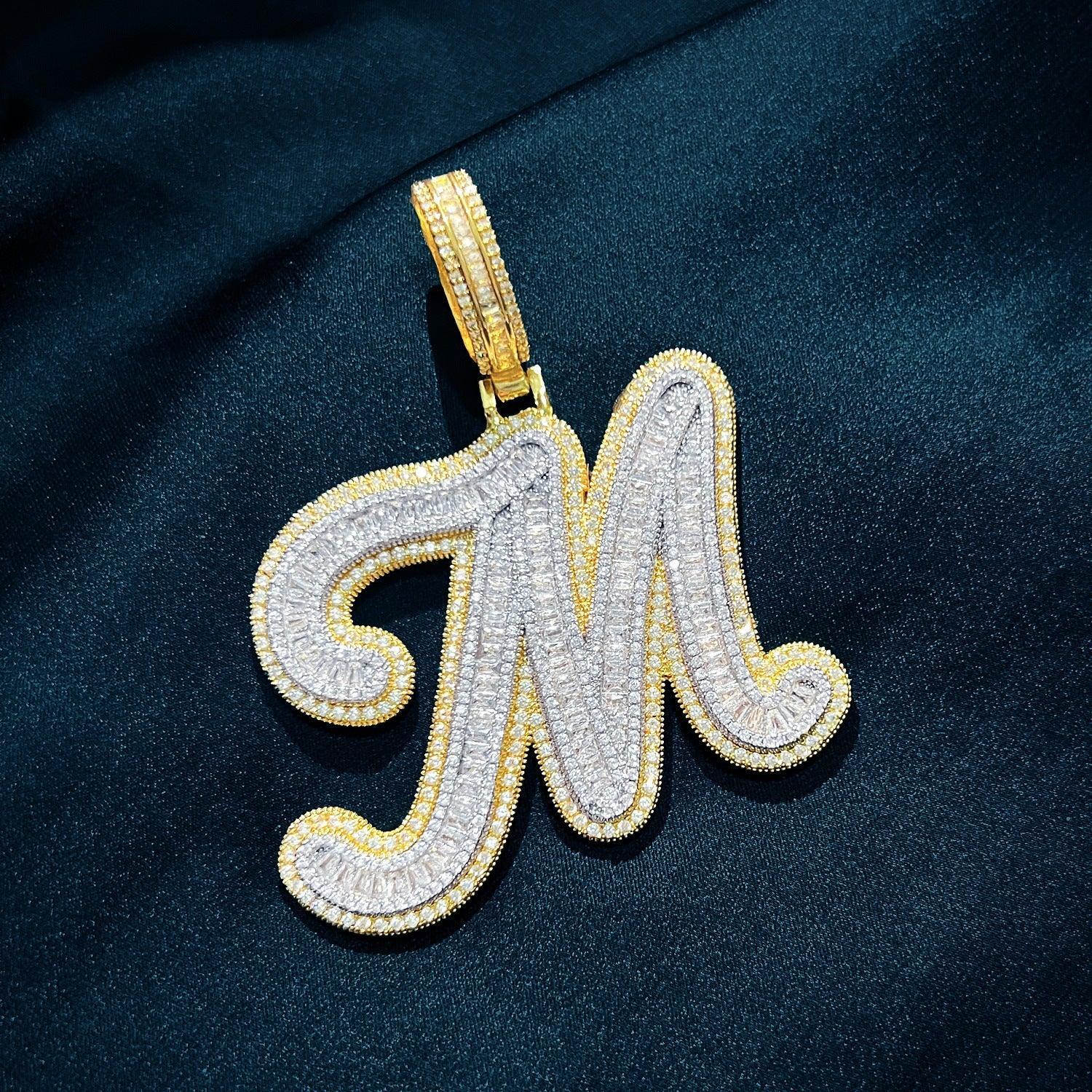 Baguette Script Letter Pendant | CZ Iced Out Hip Hop Unisex Streetwear Necklace - CaratixJewelry