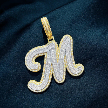 Baguette Script Letter Pendant | CZ Iced Out Hip Hop Unisex Streetwear Necklace - CaratixJewelry