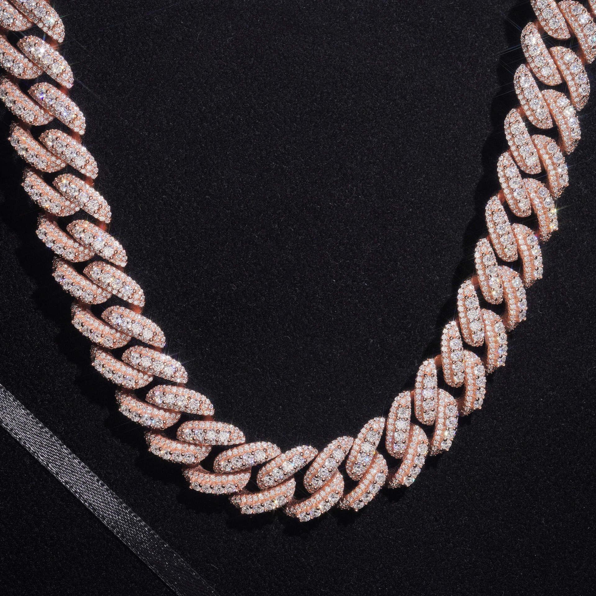 18mm Rose Gold Crescent Cuban Link Chain – Iced-Out Moissanite Hip Hop Men’s Necklace in 925 Sterling Silver - CaratixJewelry