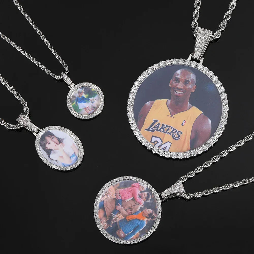 Custom Large Round Photo Pendant Necklace with Zircon Stones for Men | Caratix Jewelry - CaratixJewelry