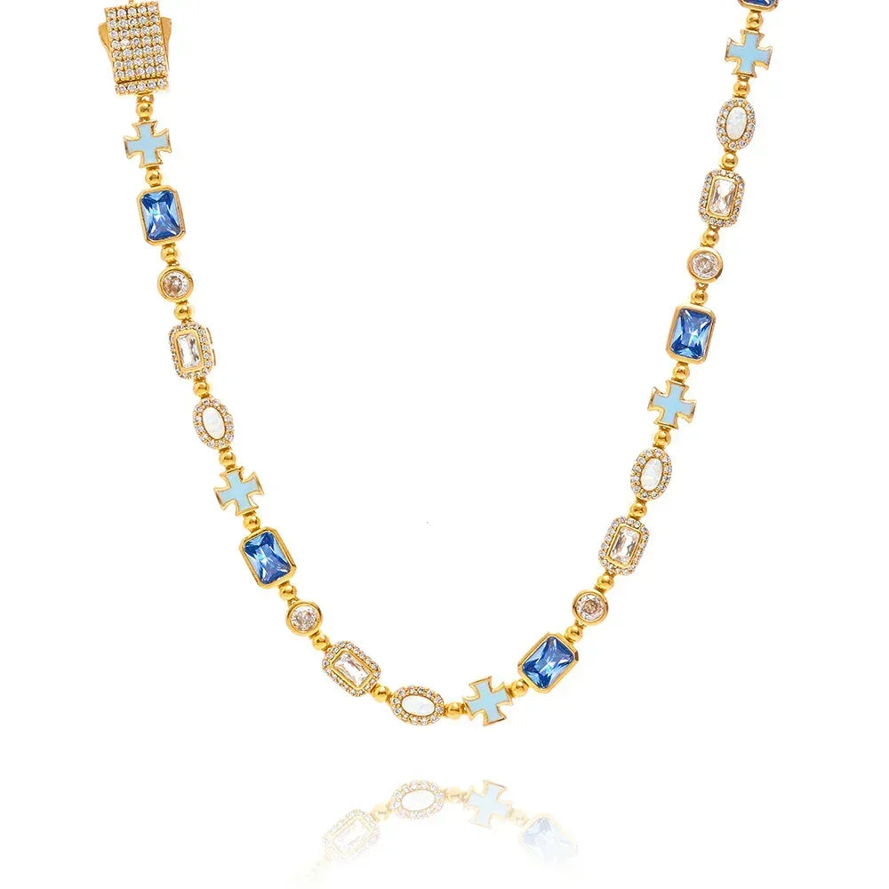 Custom 6mm Opal & Color Gemstone Necklace | Enamel Cross Hip Hop Jewelry | Caratix - CaratixJewelry