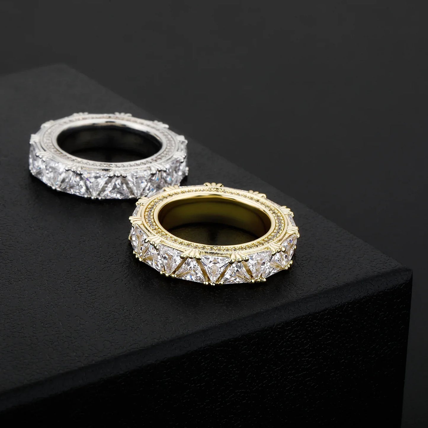 Men's Iced Out Triangle Motif Ring | Trillion Cut Zirconia Band | Caratix