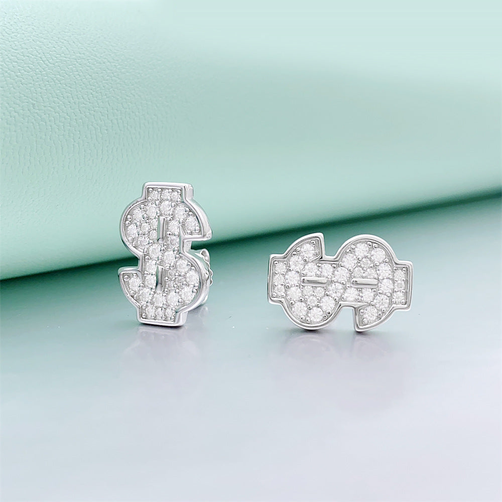 S925 Sterling Silver Money Sign Moissanite Studs | Iced Out Dollar Earring | Caratix