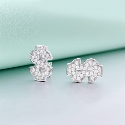 S925 Sterling Silver Money Sign Moissanite Studs | Iced Out Dollar Earring | Caratix