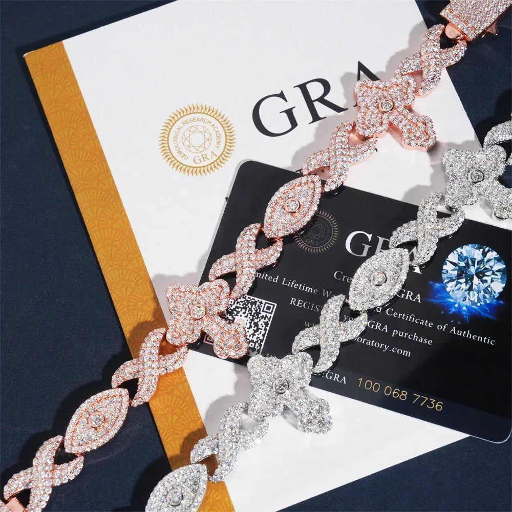 12mm Moissanite Eye & Cross Cuban Link Bracelet – S925 Sterling Silver Iced-Out Hip Hop Men’s Streetwear Jewelry - CaratixJewelry