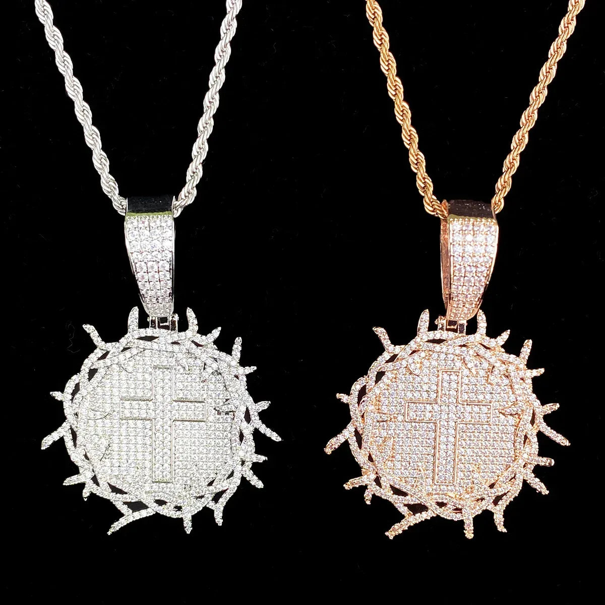 Iced Out Thorns Disc Cross Pendant | Men's Real Copper CZ Shield Necklace - CaratixJewelry