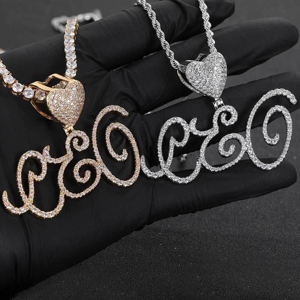 Heart Lock Calligraphy Letter Pendant Necklace with Zircon Stones for Men and Women | Caratix Jewelry - CaratixJewelry