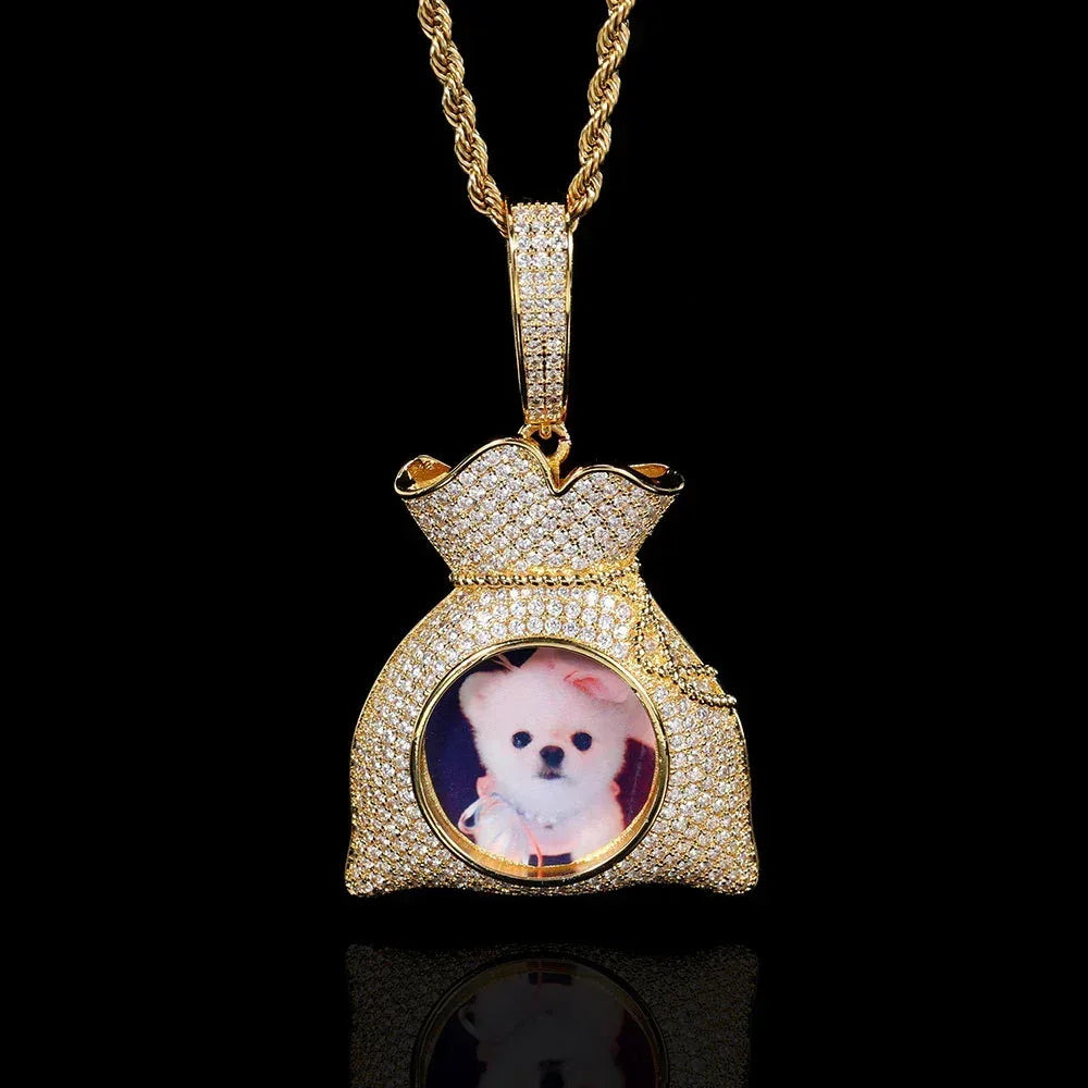 Custom Photo Pendant Hip Hop Necklace with Micro-Pave Zircon and DIY Money Bag Frame | Caratix Jewelry - CaratixJewelry