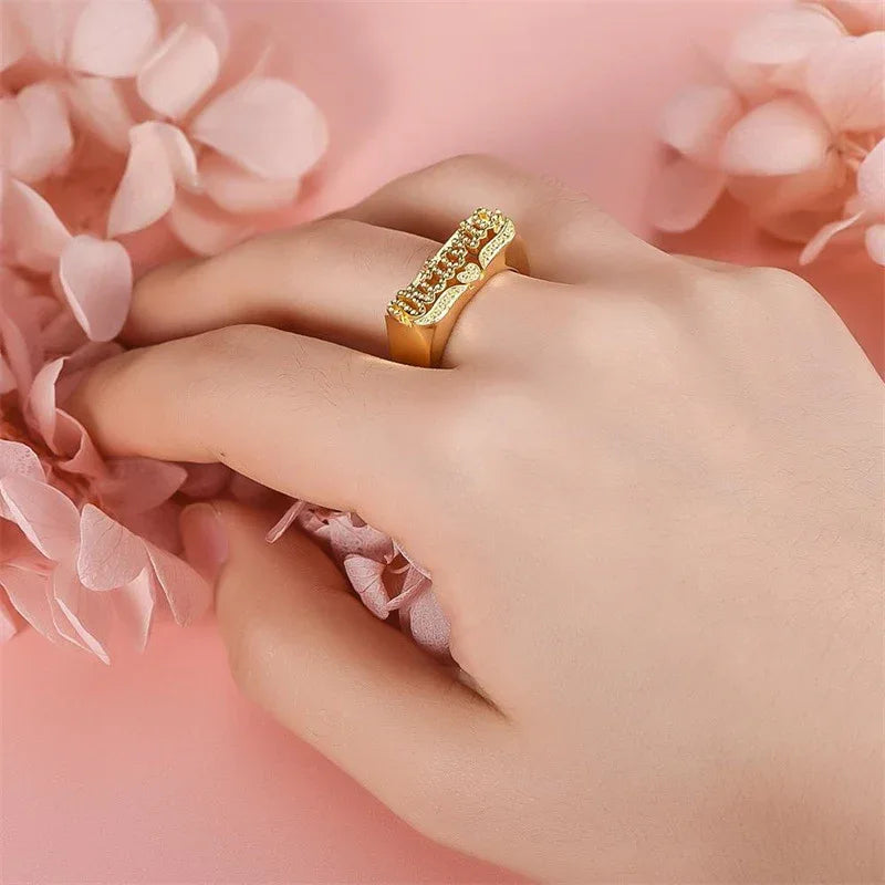 Custom Women's Name Ring | Diamond-Cut Heart Motif Statement Band | Caratix
