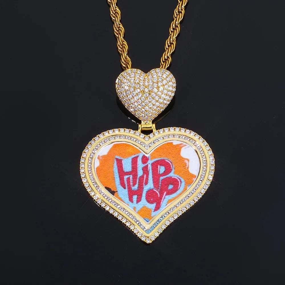 Custom Heart Photo Pendant Necklace with Zircon Stones for Men | Caratix Jewelry - CaratixJewelry