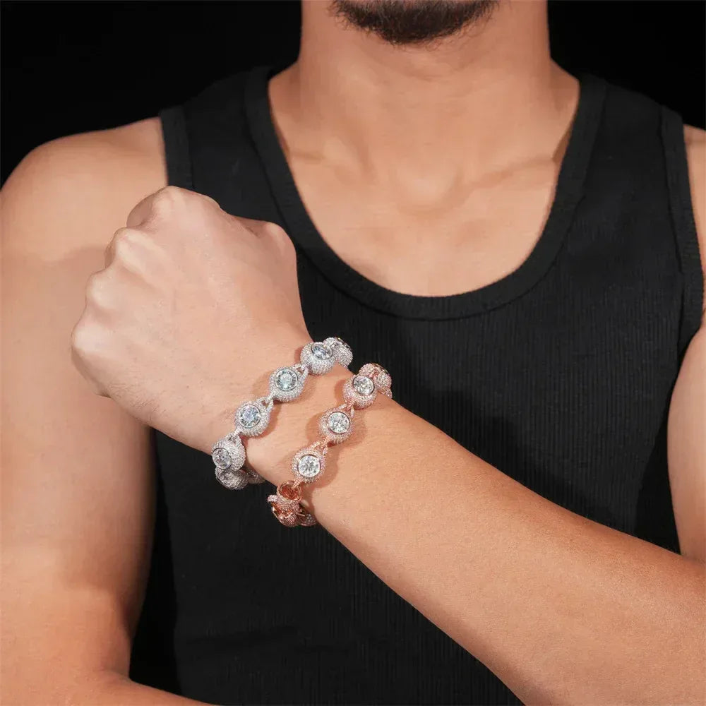 14mm Round-Bezel D Color Moissanite Cuban Link Bracelet – S925 Sterling Silver Iced-Out Hip Hop Streetwear Jewelry - CaratixJewelry