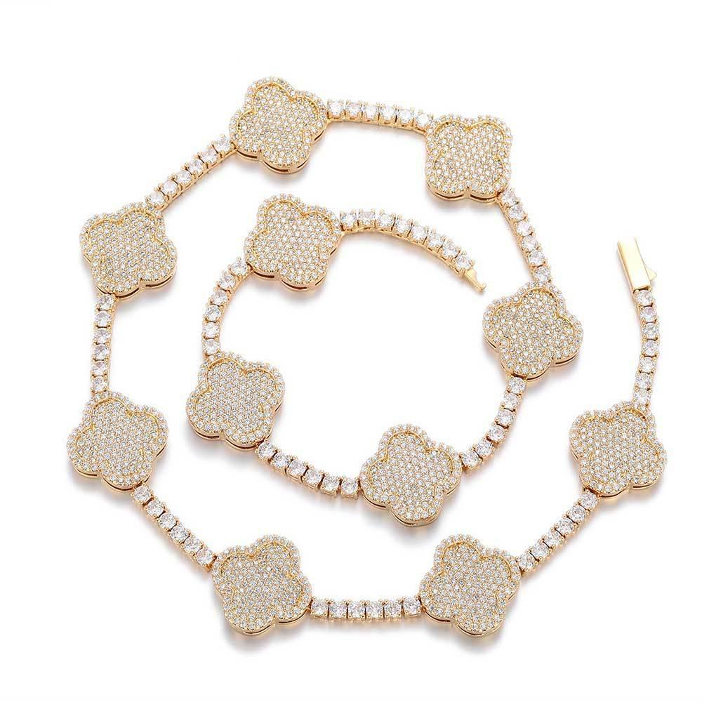 Men's Spring Clasp Clover Tennis Chain | 5mm Iced Out Zircon Necklace | Premium Gold Chain Rapper Style | Caratix - CaratixJewelry