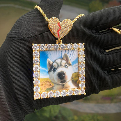 Dog Tag Photo Pendant with Heart Clasp | CZ Iced Out Custom Picture Hip Hop Necklace - CaratixJewelry