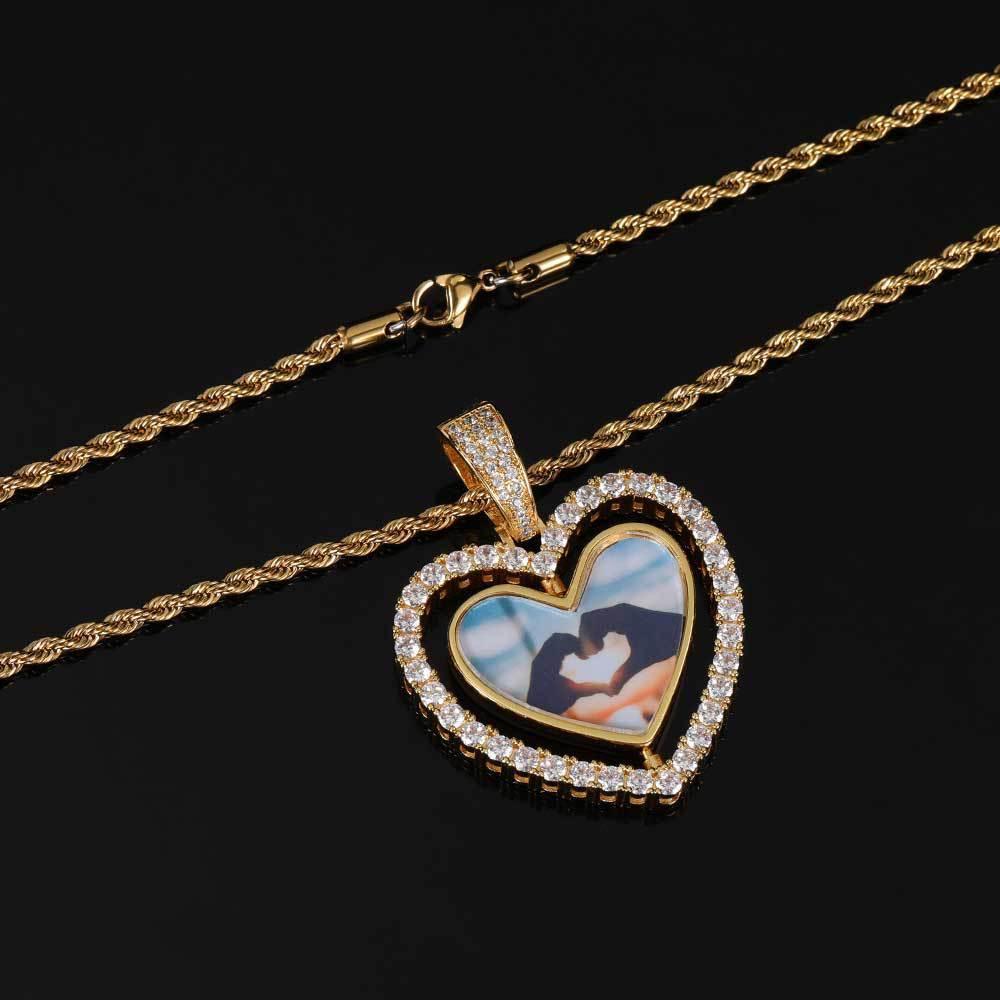 Custom Rotating Double-Sided Heart Photo Pendant Necklace with Zircon Stones | Caratix Jewelry - CaratixJewelry