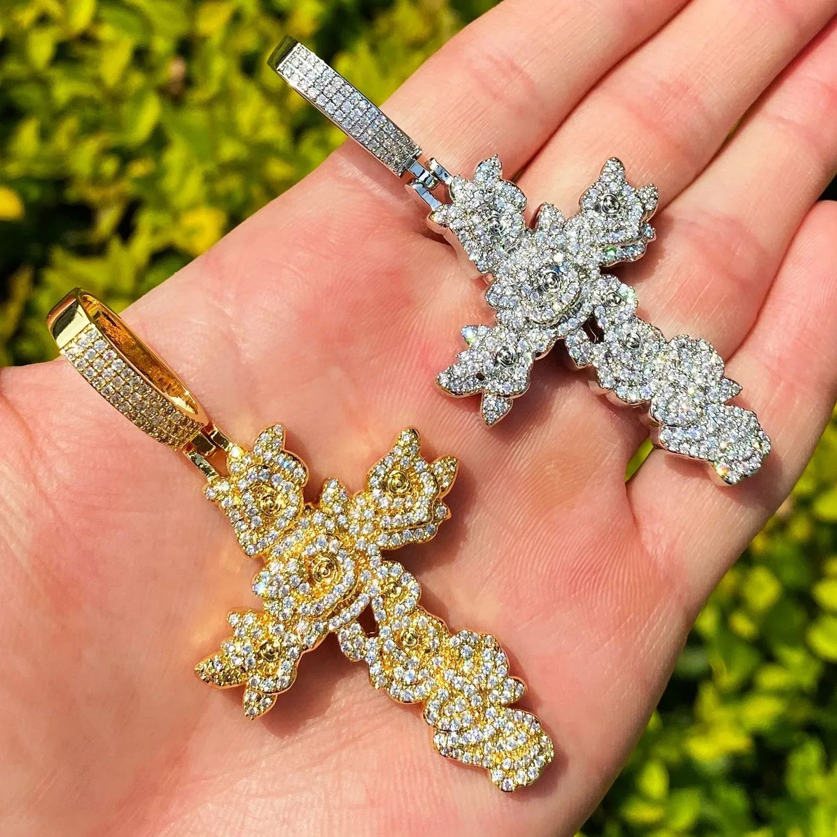 Iced Out Rose Cross Pendant | Women's Blooming Floral Necklace - CaratixJewelry
