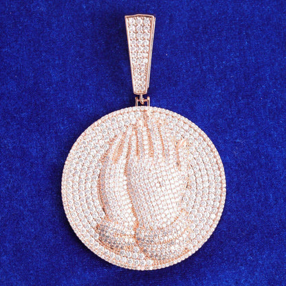 Iced Out Praying Hands Medallion Pendant | Men's Real Copper CZ Necklace - CaratixJewelry