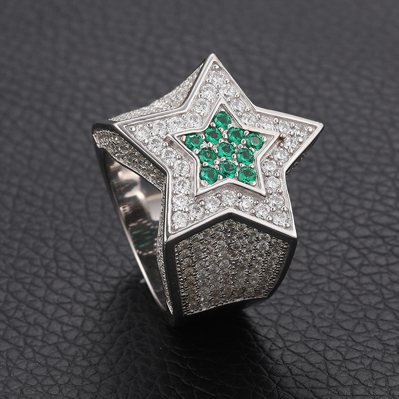 Men's S925 Sterling Silver Moissanite Star Ring – Blue Sapphire Hip-Hop Statement Band