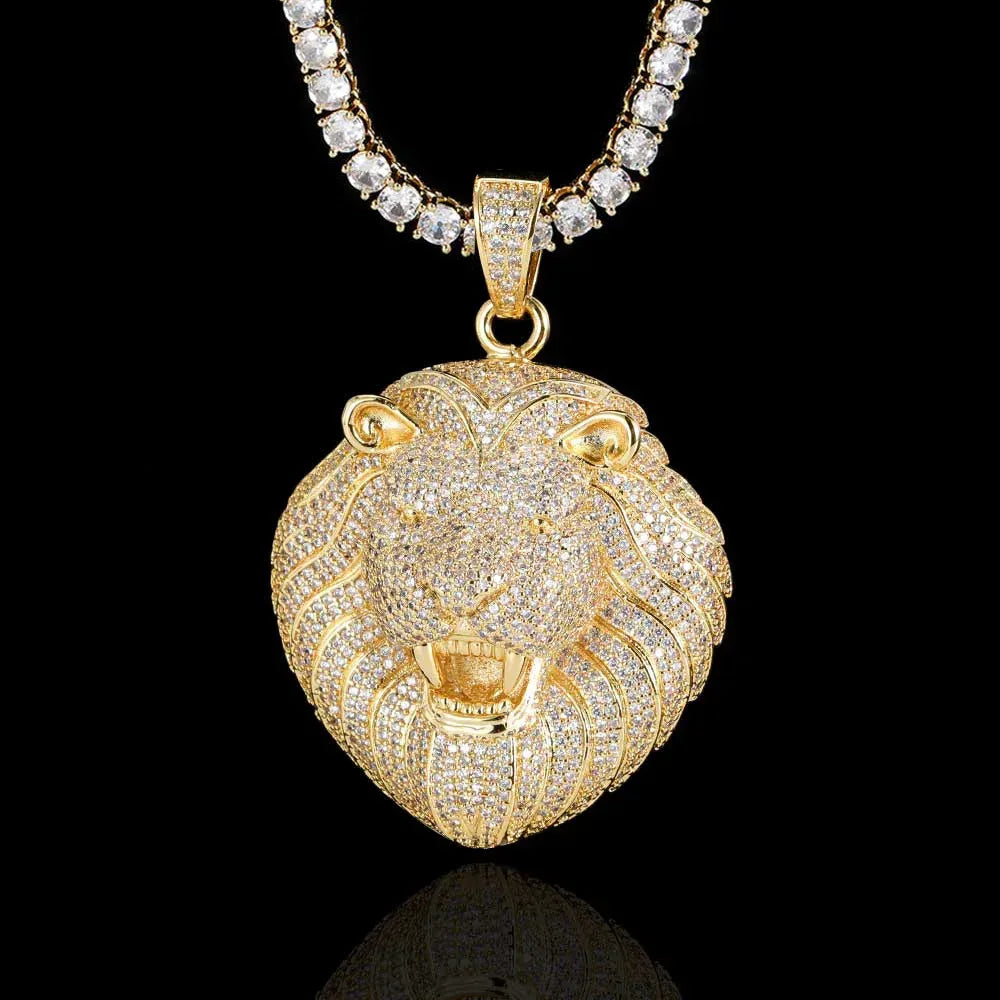 Custom Full Lion Head Pendant Necklace with Zircon Stones and Gold Plating for Men | Caratix Jewelry - CaratixJewelry