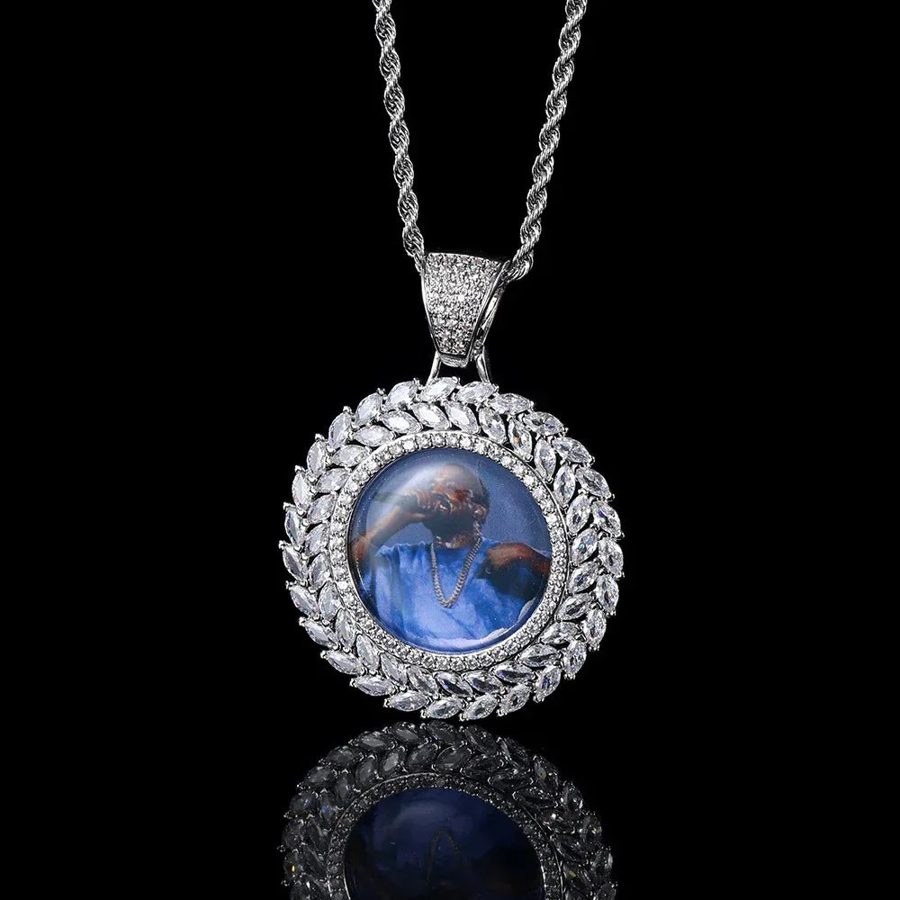 Custom Wheat Ear Round Photo Frame Pendant Necklace with Zircon Stones for Men | Caratix Jewelry - CaratixJewelry