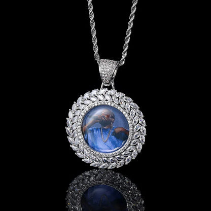 Custom Wheat Ear Round Photo Frame Pendant Necklace with Zircon Stones for Men | Caratix Jewelry - CaratixJewelry